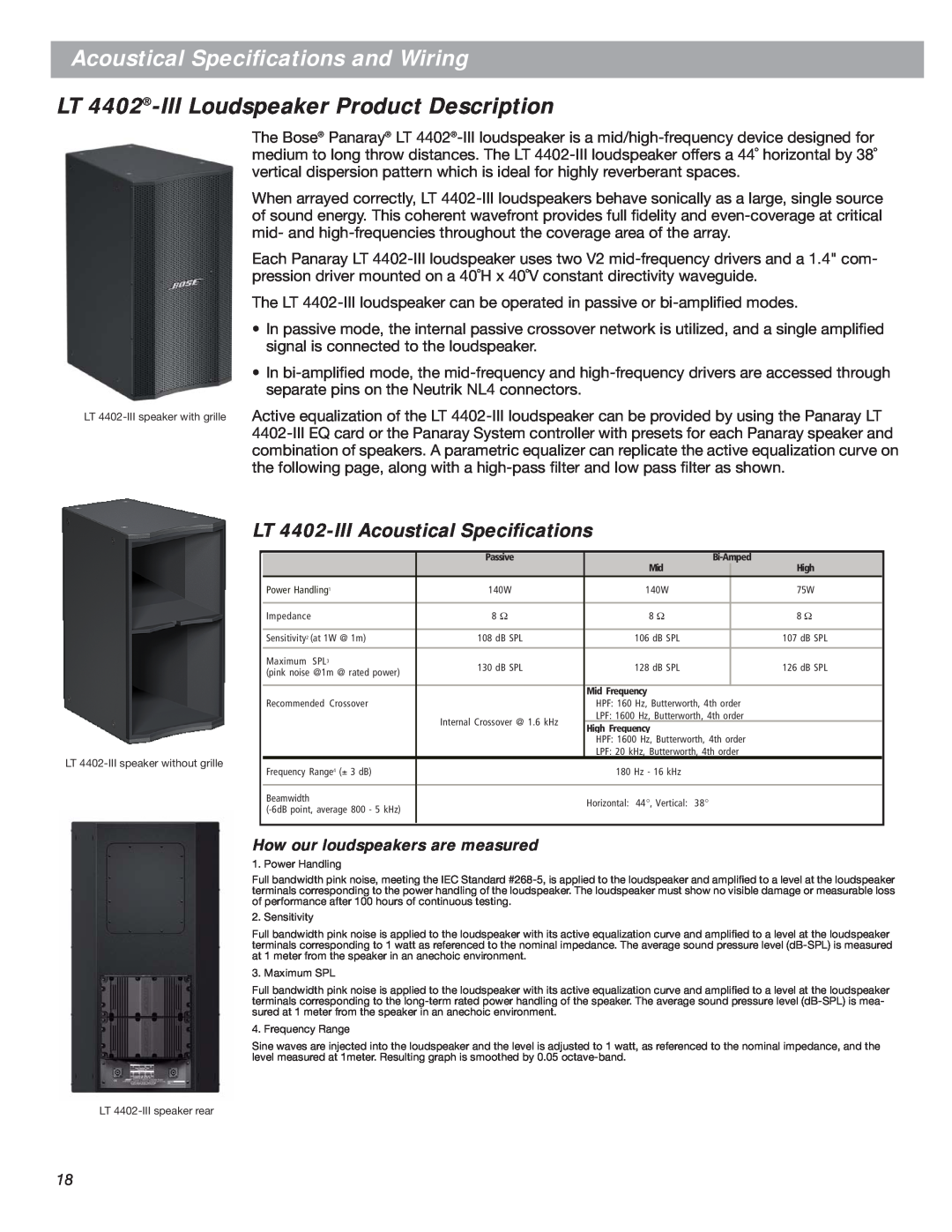 Bose LT Series III manual LT 4402-IIILoudspeaker Product Description, LT 4402-IIIAcoustical Speciﬁcations 