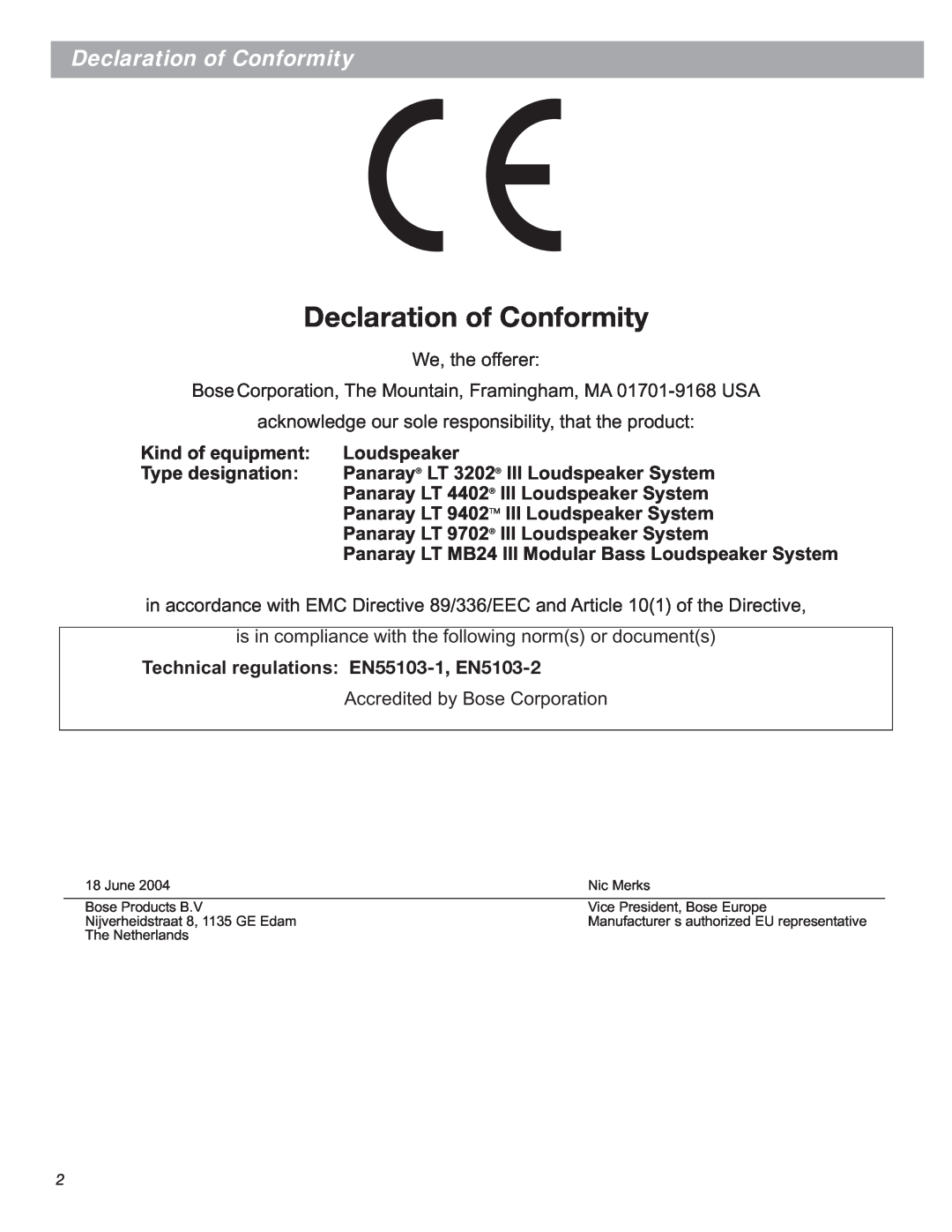 Bose LT Series III, Bose Panaray Loudspeakers manual Declaration of Conformity 