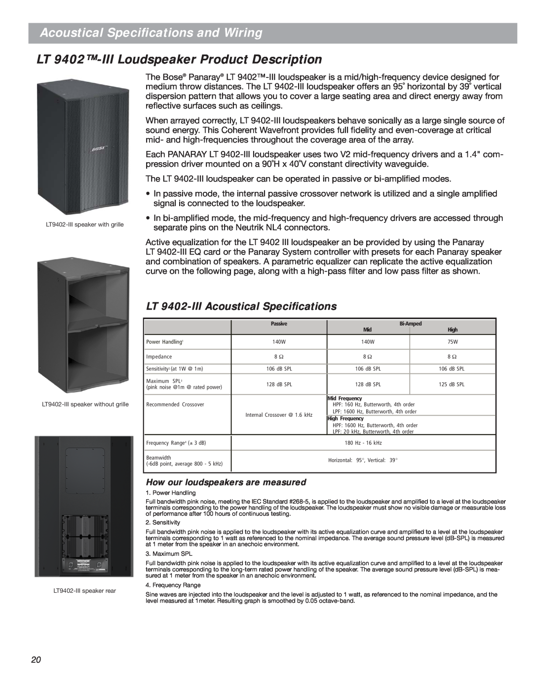 Bose LT Series III manual LT 9402-IIILoudspeaker Product Description, LT 9402-IIIAcoustical Speciﬁcations 