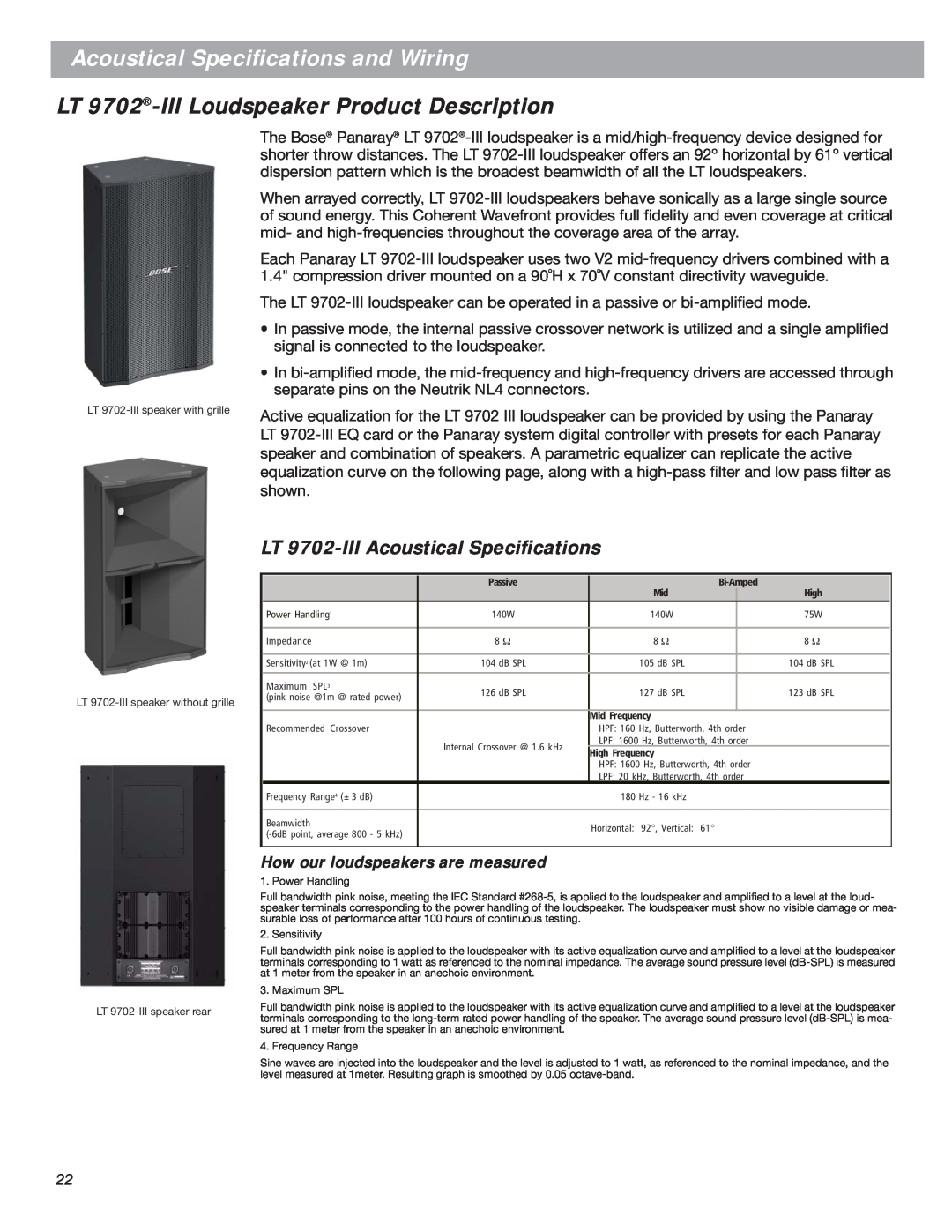 Bose LT Series III manual LT 9702-IIILoudspeaker Product Description, LT 9702-IIIAcoustical Speciﬁcations 