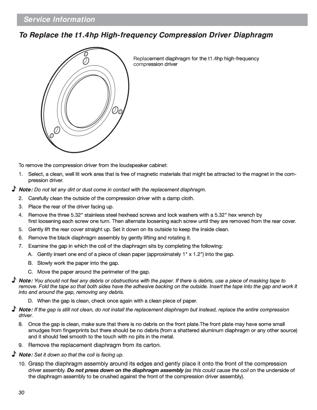 Bose LT Series III, Bose Panaray Loudspeakers manual Service Information, Note Set it down so that the coil is facing up 