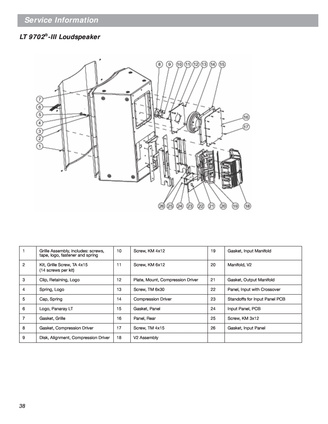 Bose LT Series III, Bose Panaray Loudspeakers manual LT 9702-IIILoudspeaker, Service Information 