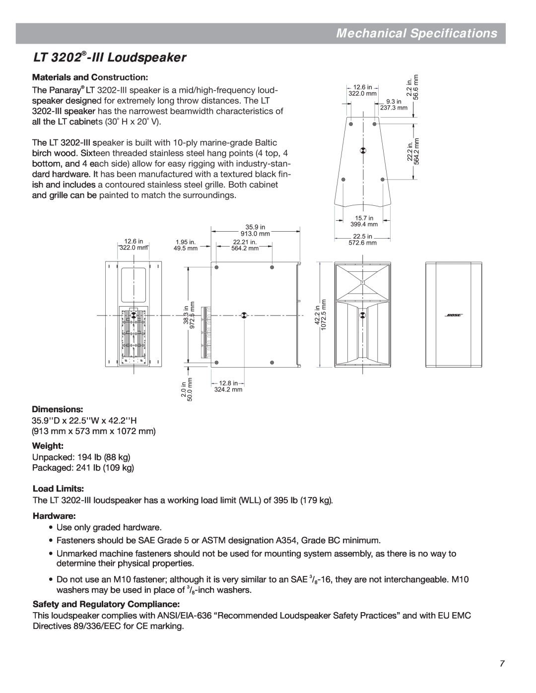 Bose Bose Panaray Loudspeakers Mechanical Specifications, LT 3202-IIILoudspeaker, Materials and Construction, Dimensions 