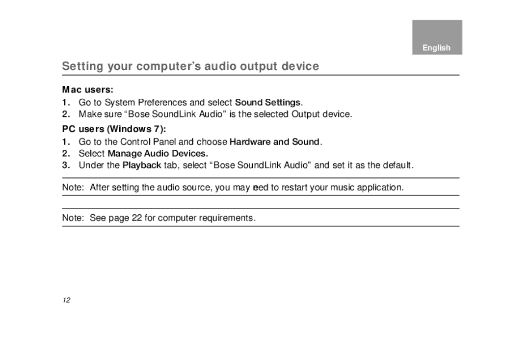 Bose bose wave soundlink adapter manual Setting your computer’s audio output device, Mac users, PC users Windows 