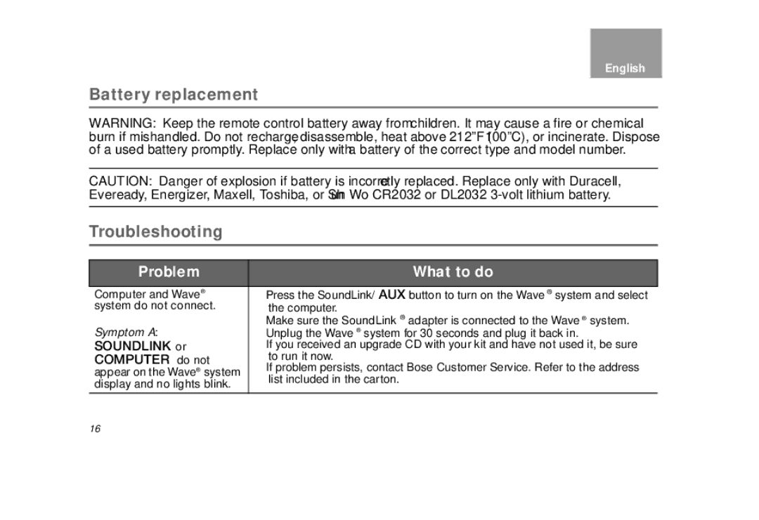 Bose bose wave soundlink adapter manual Battery replacement, Troubleshooting 