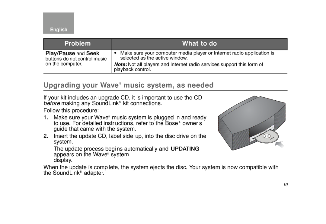 Bose bose wave soundlink adapter manual Upgrading your Wave music system, as needed, Play/Pause and Seek 