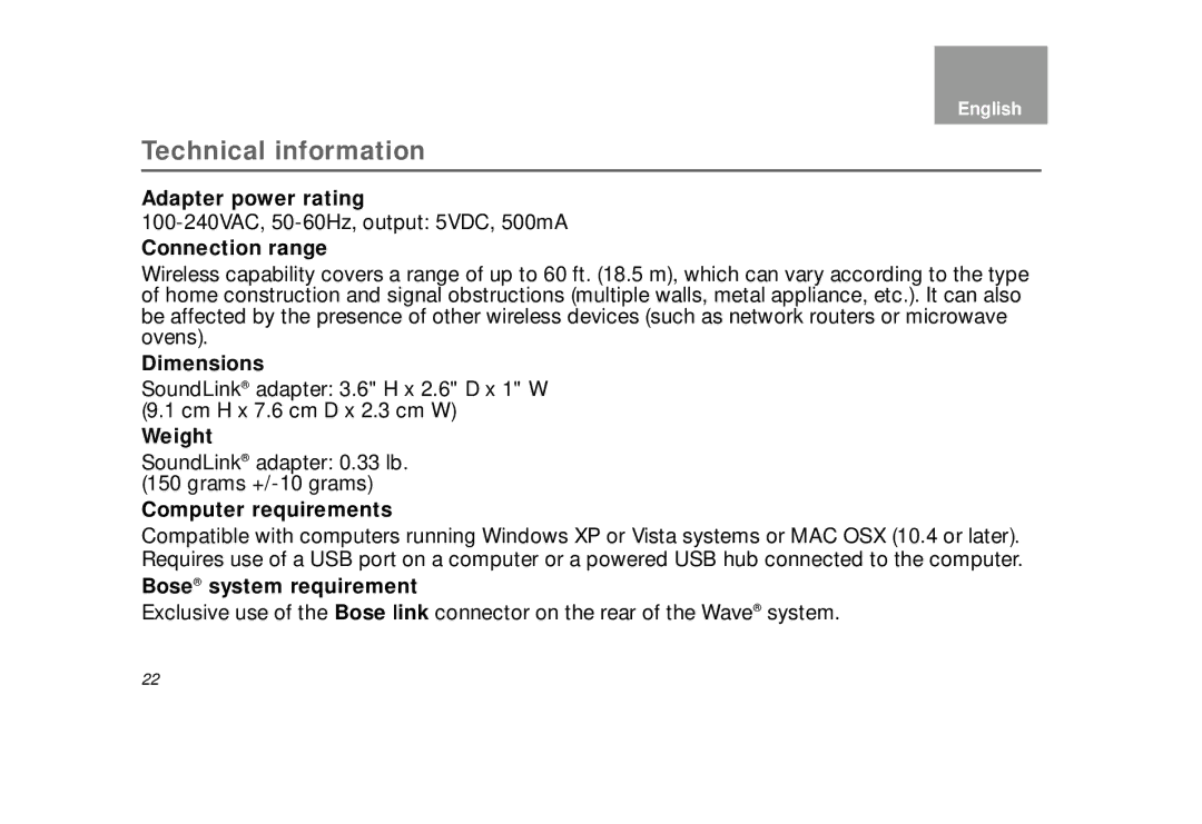 Bose bose wave soundlink adapter manual Technical information 