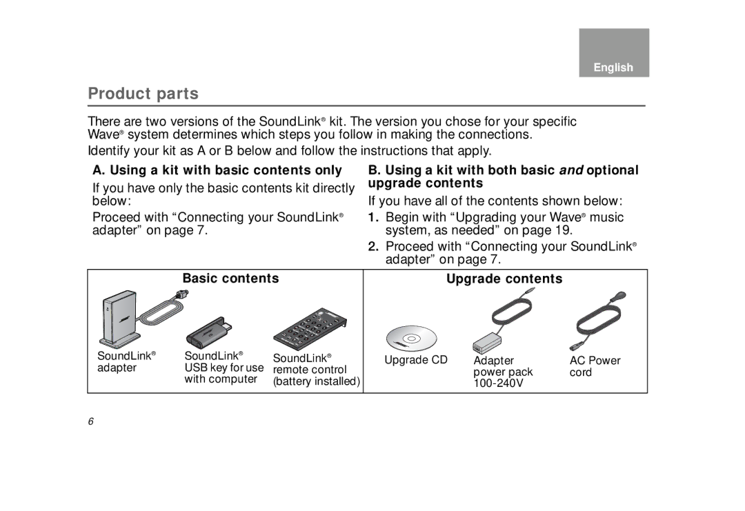 Bose bose wave soundlink adapter Product parts, Using a kit with basic contents only, Basic contents, Upgrade contents 