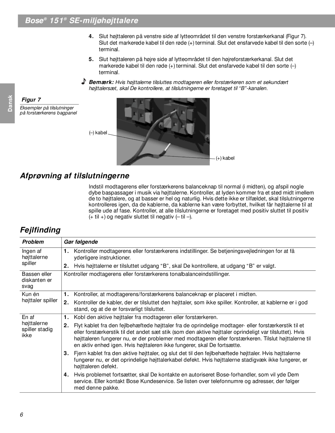 Bose BOSE151WHT, 151SEW manual Afprøvning af tilslutningerne, Fejlfinding, Problem Gør følgende 