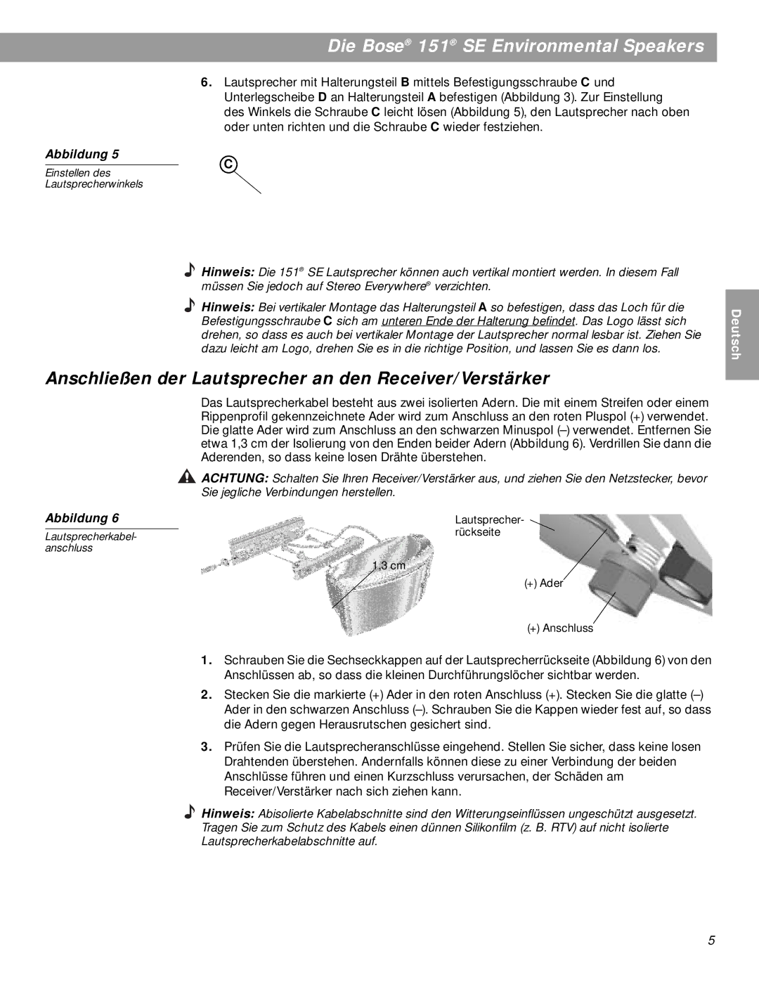 Bose BOSE151WHT, 151SEW manual Anschließen der Lautsprecher an den Receiver/Verstärker 