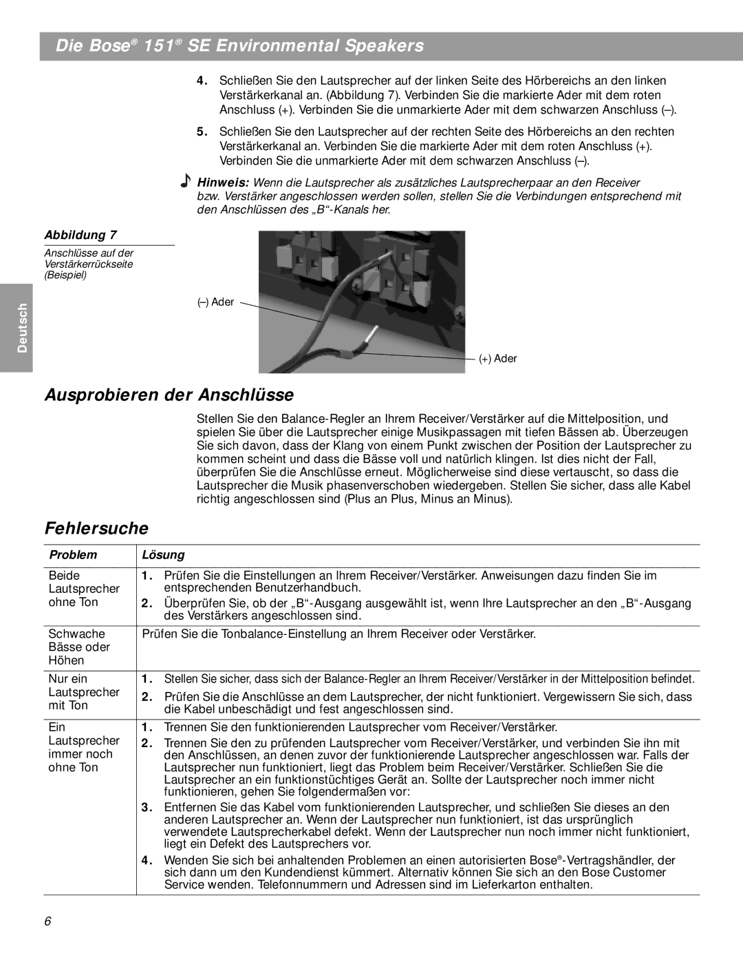 Bose BOSE151WHT, 151SEW manual Ausprobieren der Anschlüsse, Fehlersuche, Problem Lösung 