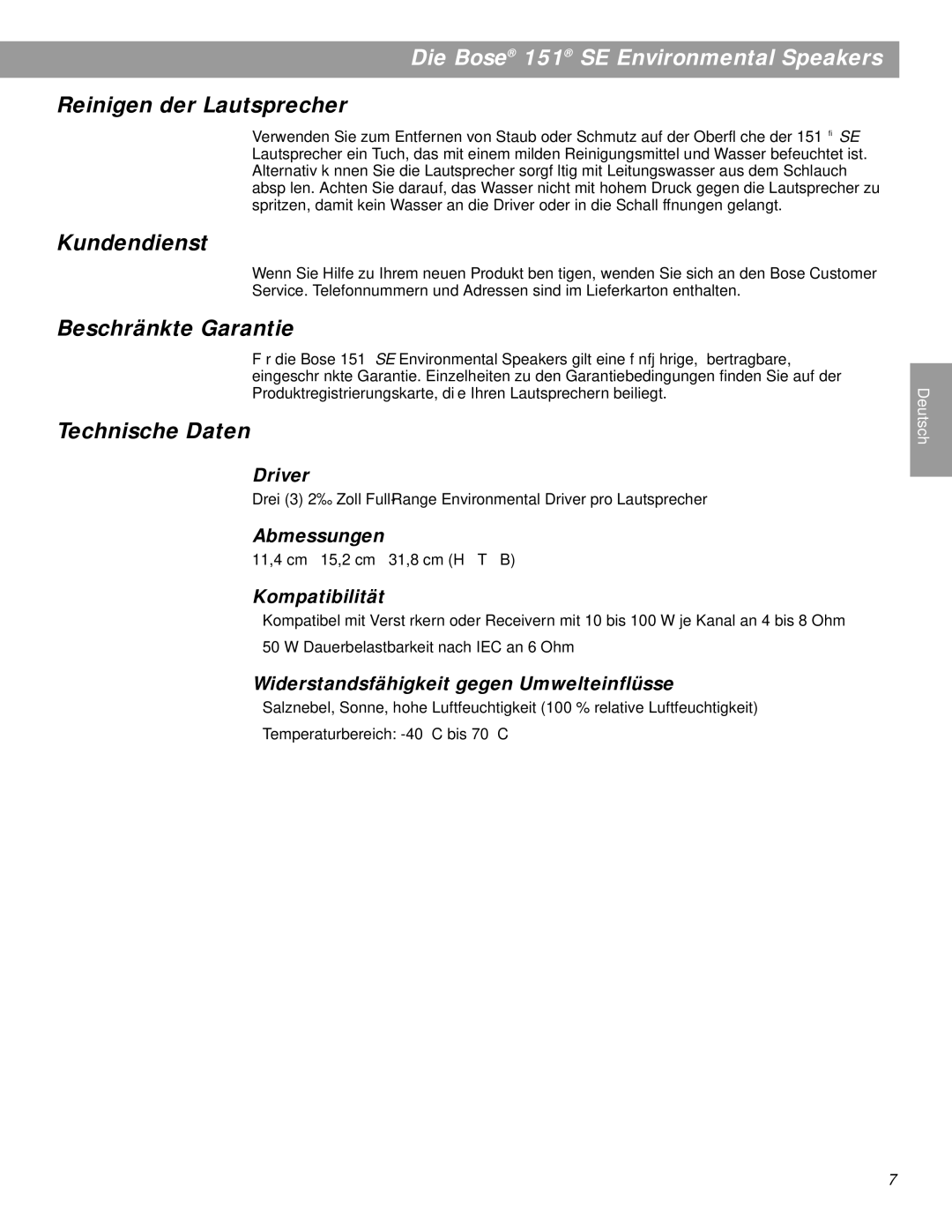 Bose 151SEW, BOSE151WHT manual Reinigen der Lautsprecher, Kundendienst, Beschränkte Garantie, Technische Daten 