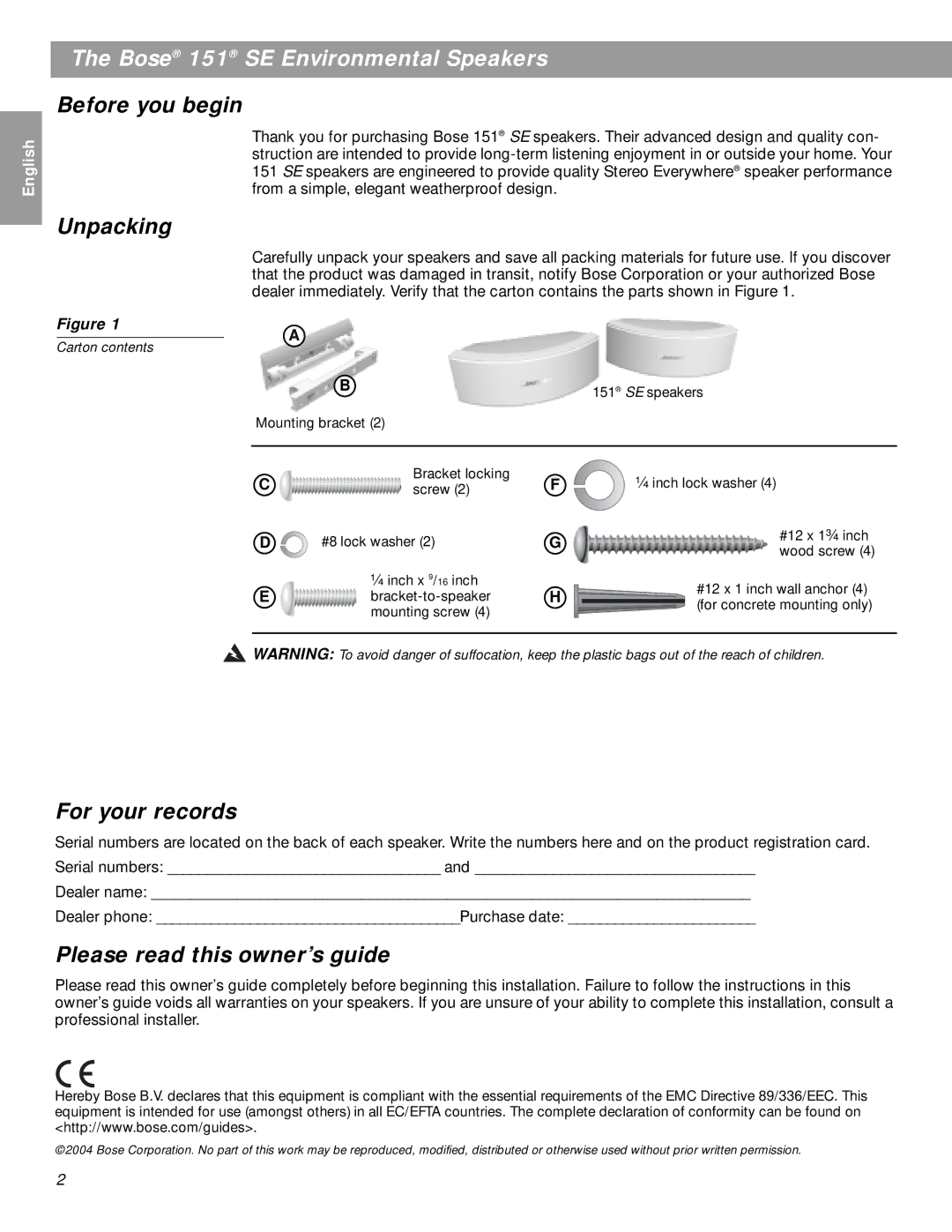 Bose BOSE151WHT, 151SEW Before you begin, Unpacking, For your records, Please read this owner’s guide, Carton contents 