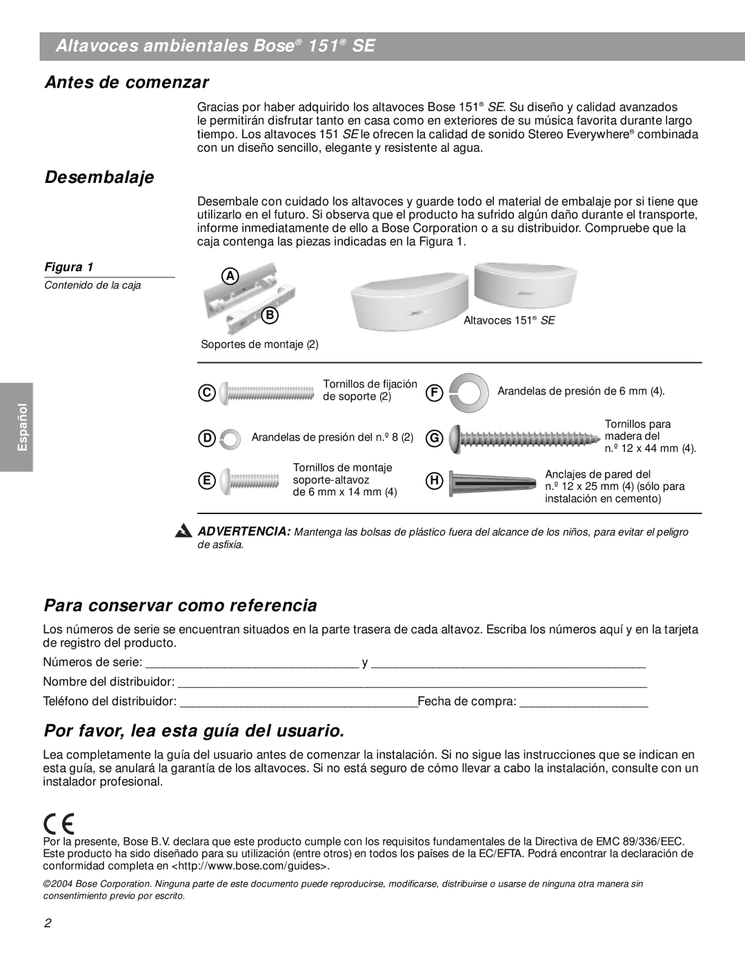 Bose BOSE151WHT manual Altavoces ambientales Bose 151 SE, Antes de comenzar, Desembalaje, Para conservar como referencia 