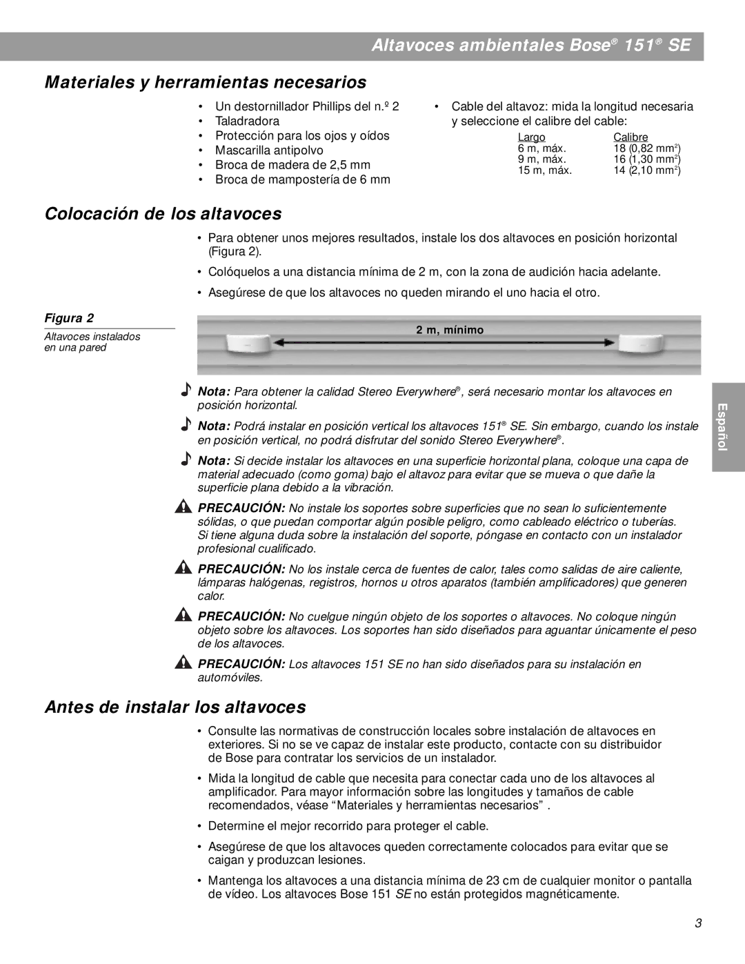 Bose BOSE151WHT, 151SEW Materiales y herramientas necesarios, Colocación de los altavoces, Antes de instalar los altavoces 