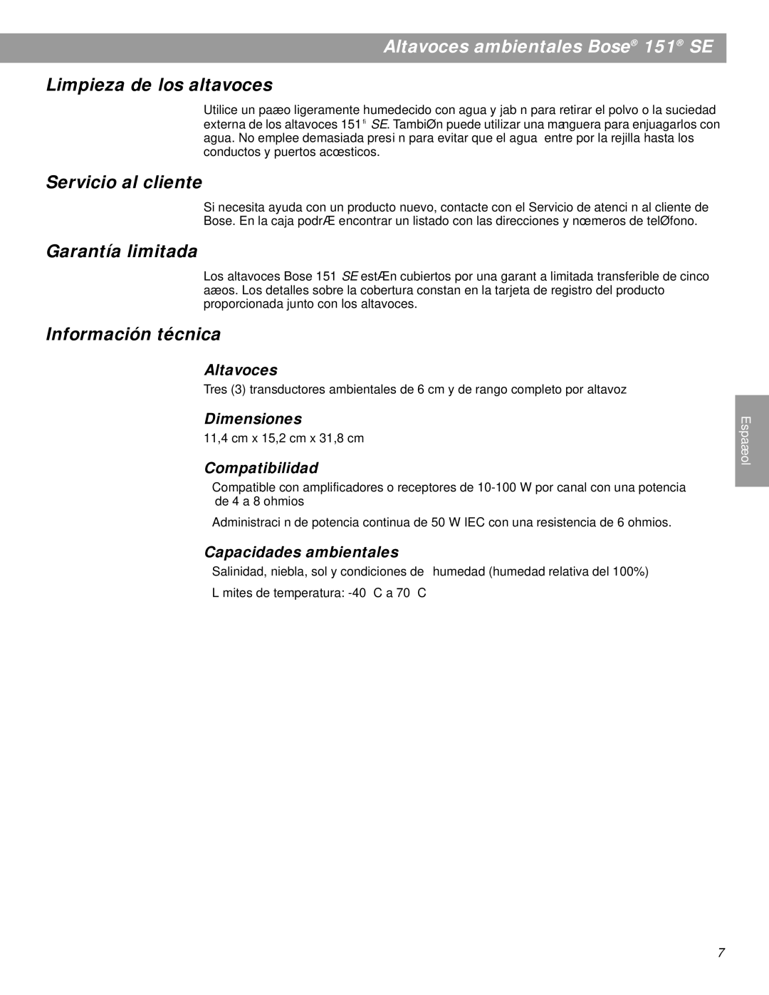 Bose 151SEW, BOSE151WHT manual Limpieza de los altavoces, Servicio al cliente, Garantía limitada, Información técnica 