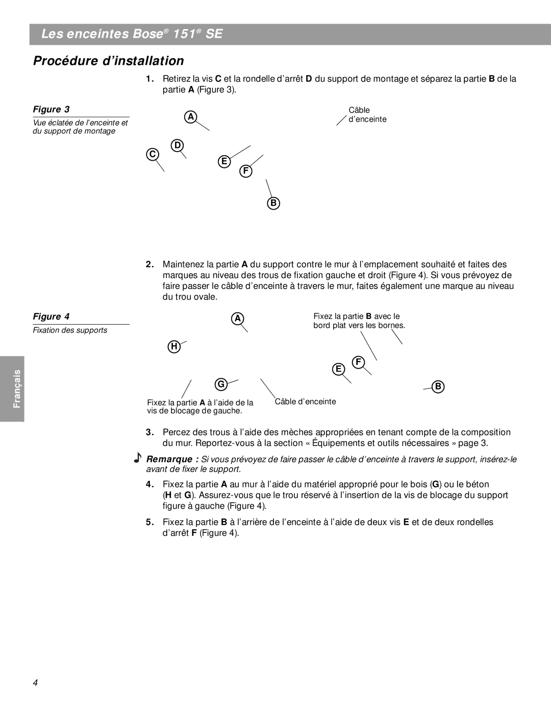 Bose 151SEW manual Procédure d’installation, Vue éclatée de l’enceinte et du support de montage, Fixation des supports 