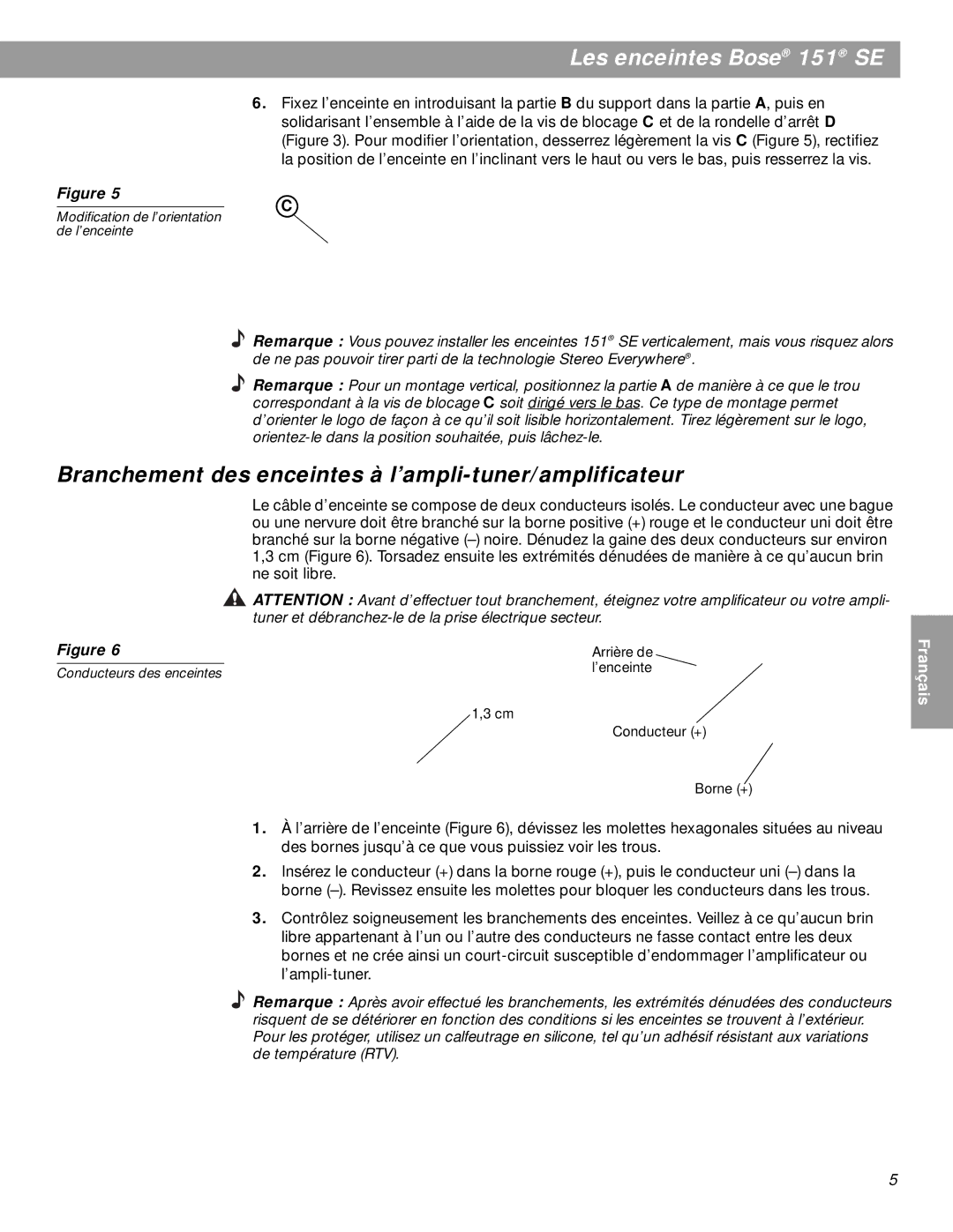 Bose BOSE151WHT Branchement des enceintes à l’ampli-tuner/amplificateur, Modification de l’orientation de l’enceinte 