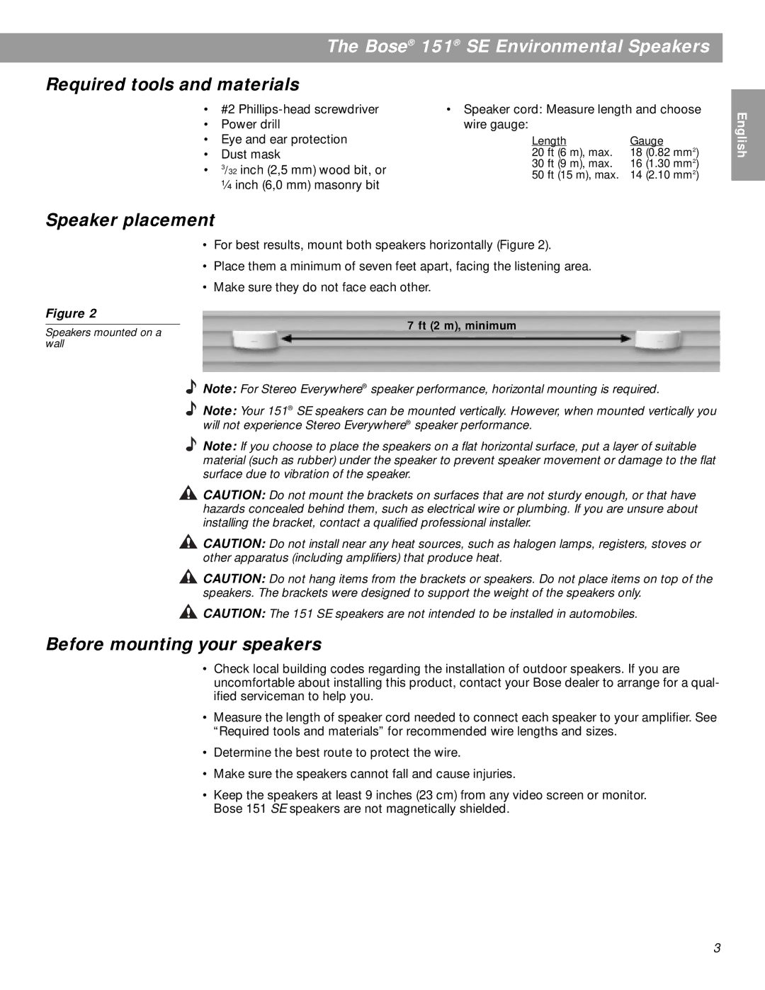 Bose BOSE151WHT Required tools and materials, Speaker placement, Before mounting your speakers, Speakers mounted on a wall 