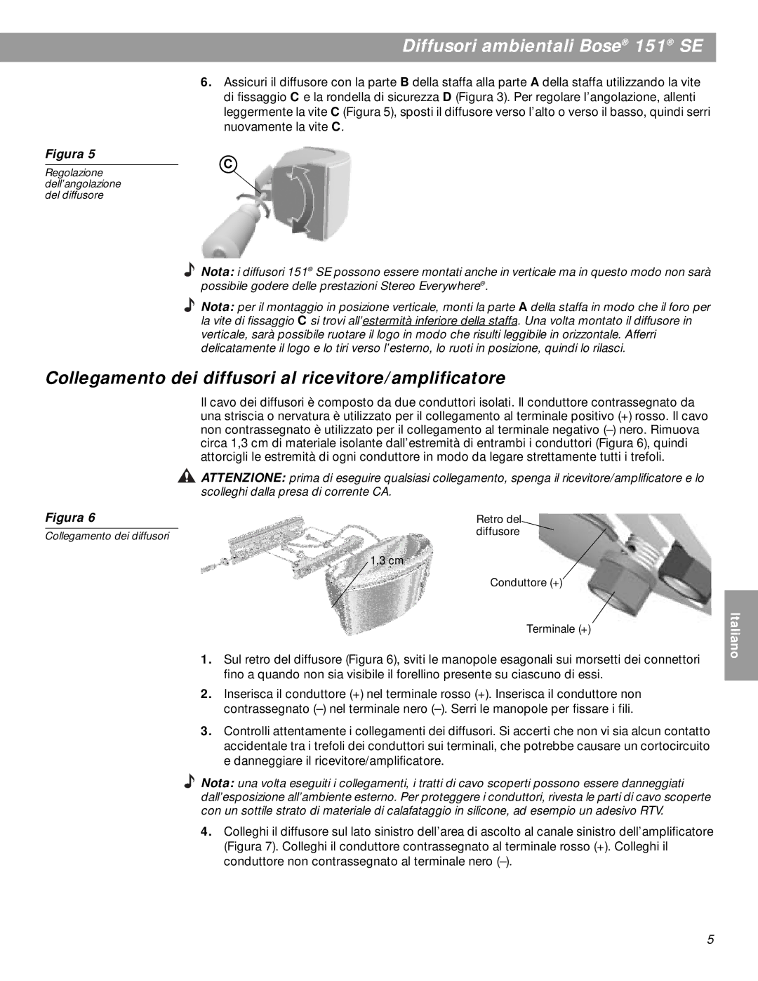 Bose BOSE151WHT, 151SEW manual Collegamento dei diffusori al ricevitore/amplificatore 