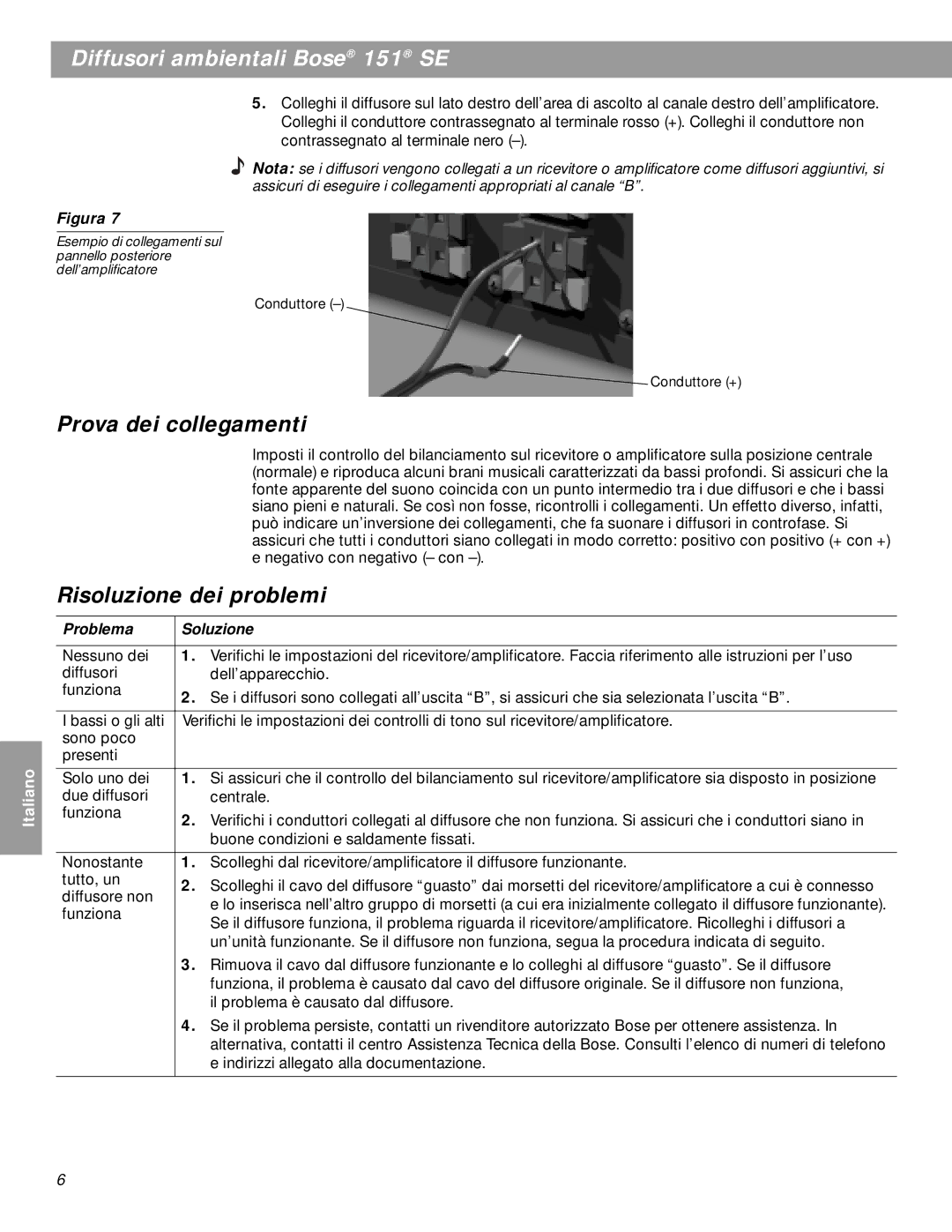 Bose BOSE151WHT, 151SEW manual Prova dei collegamenti, Risoluzione dei problemi, Problema Soluzione 