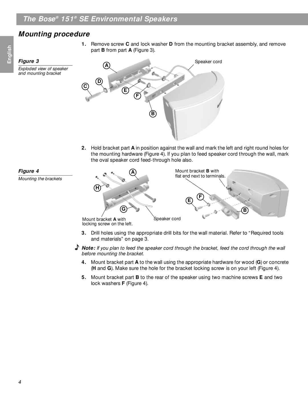 Bose 151SEW, BOSE151WHT manual Mounting procedure, Mounting the brackets 