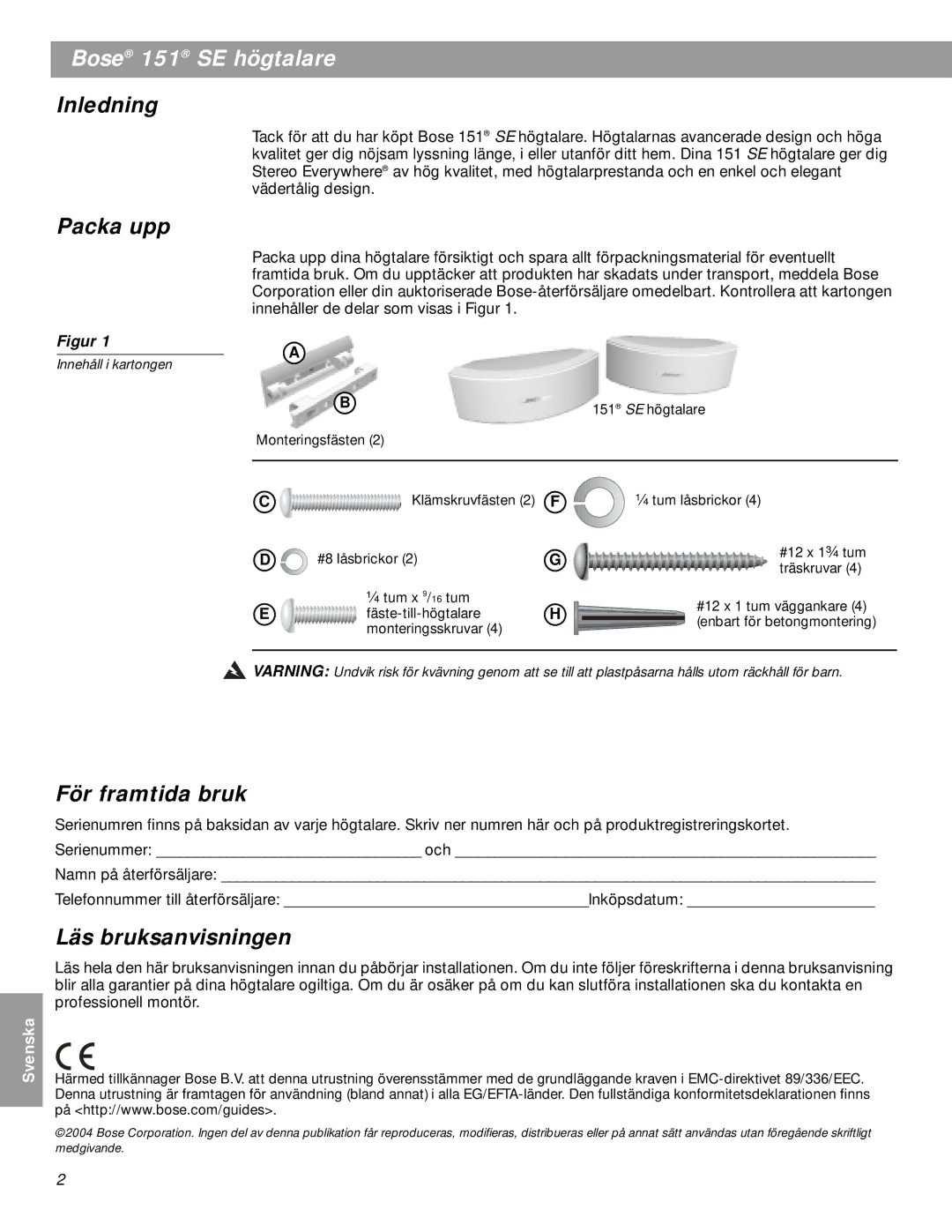 Bose BOSE151WHT, 151SEW manual Bose 151 SE högtalare, Inledning, Packa upp, För framtida bruk, Läs bruksanvisningen 