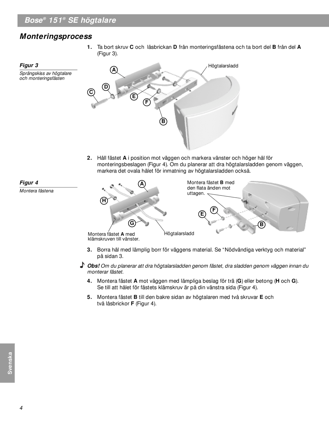 Bose 151SEW, BOSE151WHT manual Monteringsprocess, Montera fästena 