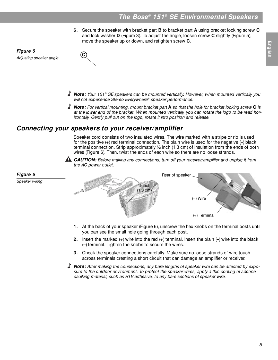 Bose BOSE151WHT, 151SEW Connecting your speakers to your receiver/amplifier, Adjusting speaker angle, Speaker wiring 