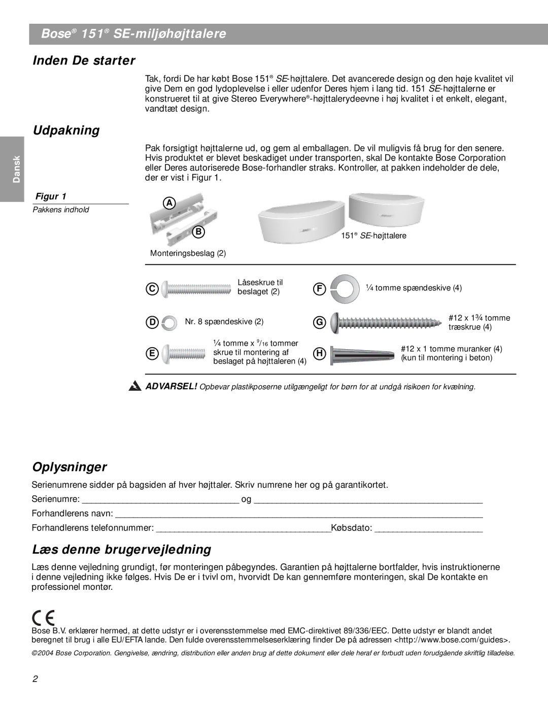 Bose BOSE151WHT manual Bose 151 SE-miljøhøjttalere, Inden De starter, Udpakning, Oplysninger, Læs denne brugervejledning 