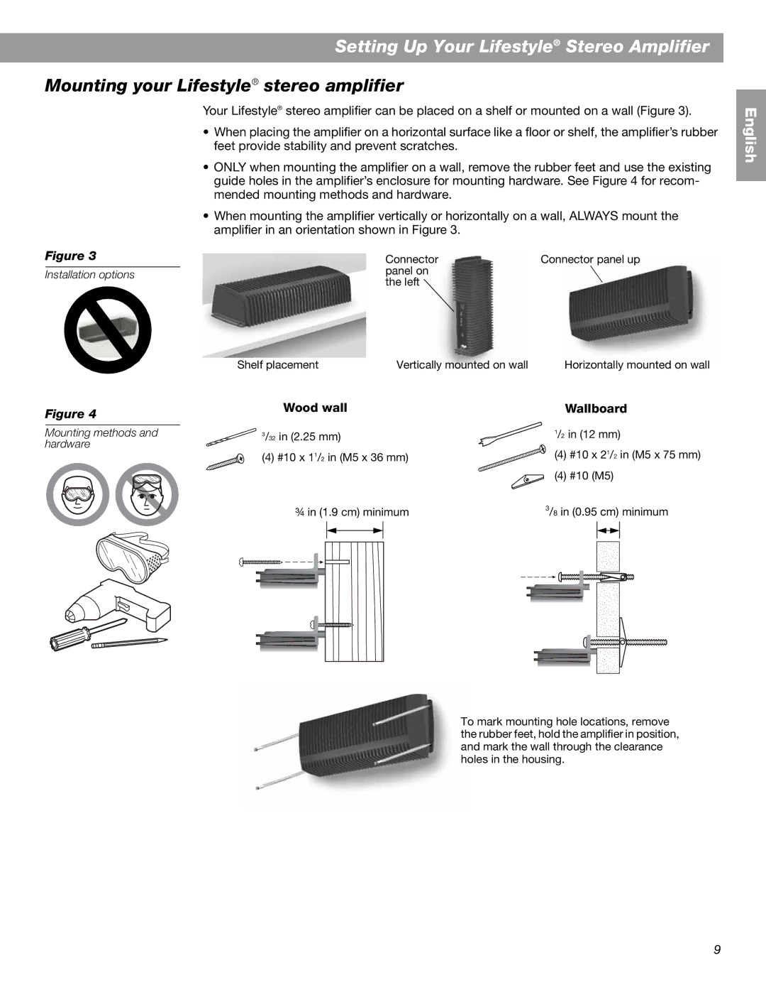 Bose BOSESA3 manual Mounting your Lifestyle stereo amplifier, Wood wall Wallboard 