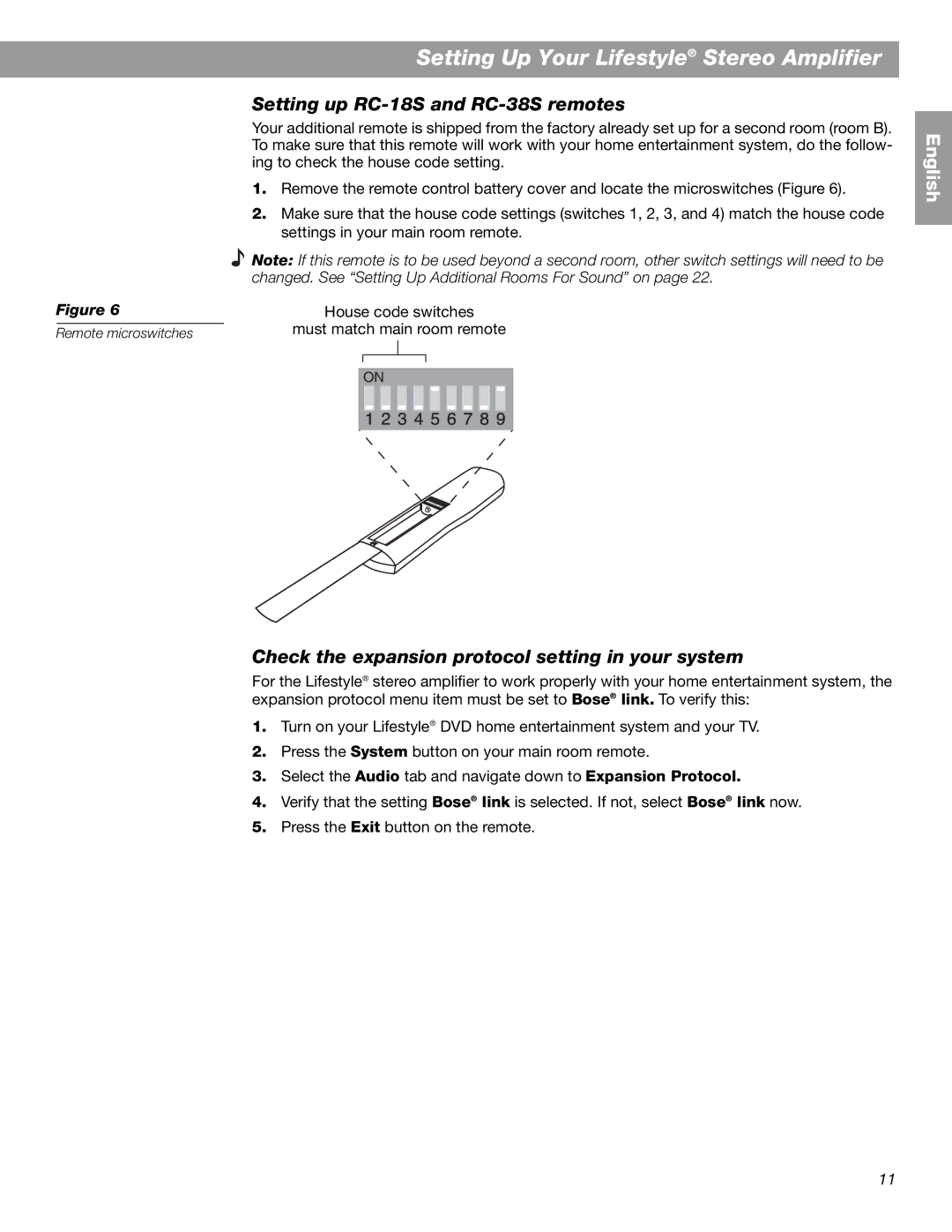 Bose BOSESA3 manual Setting up RC-18S and RC-38S remotes, Check the expansion protocol setting in your system 