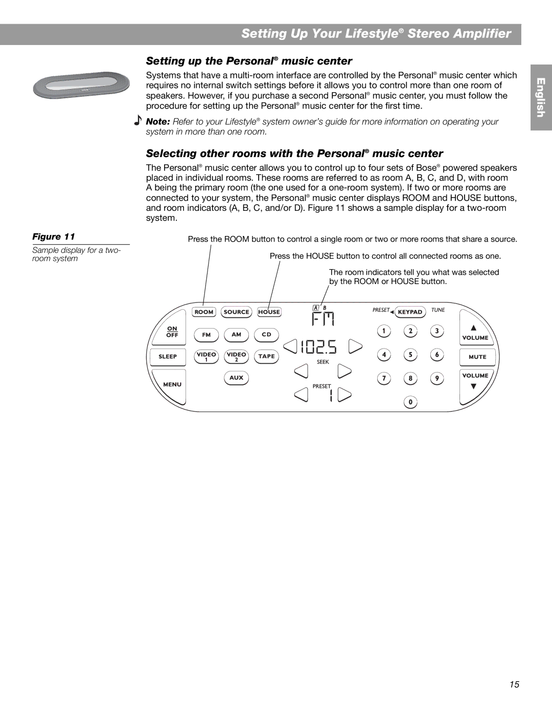 Bose BOSESA3 manual Setting up the Personal music center, Selecting other rooms with the Personal music center 