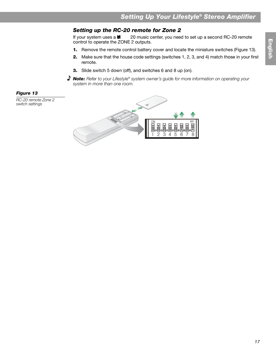 Bose BOSESA3 manual Setting up the RC-20 remote for Zone 