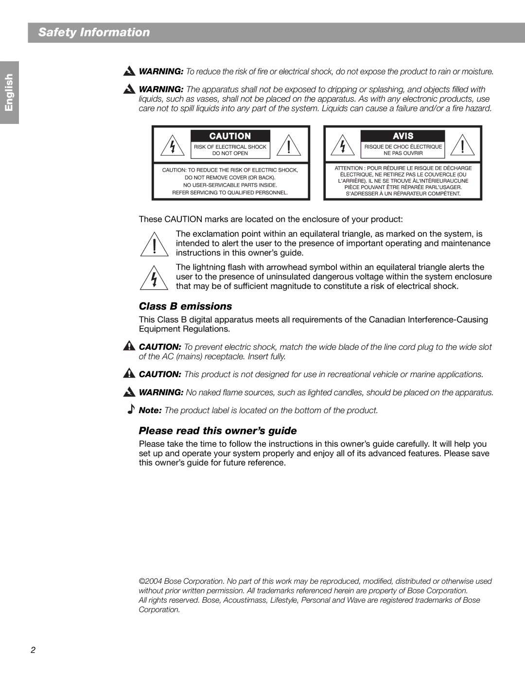 Bose BOSESA3 manual Safety Information, Class B emissions, Please read this owner’s guide 