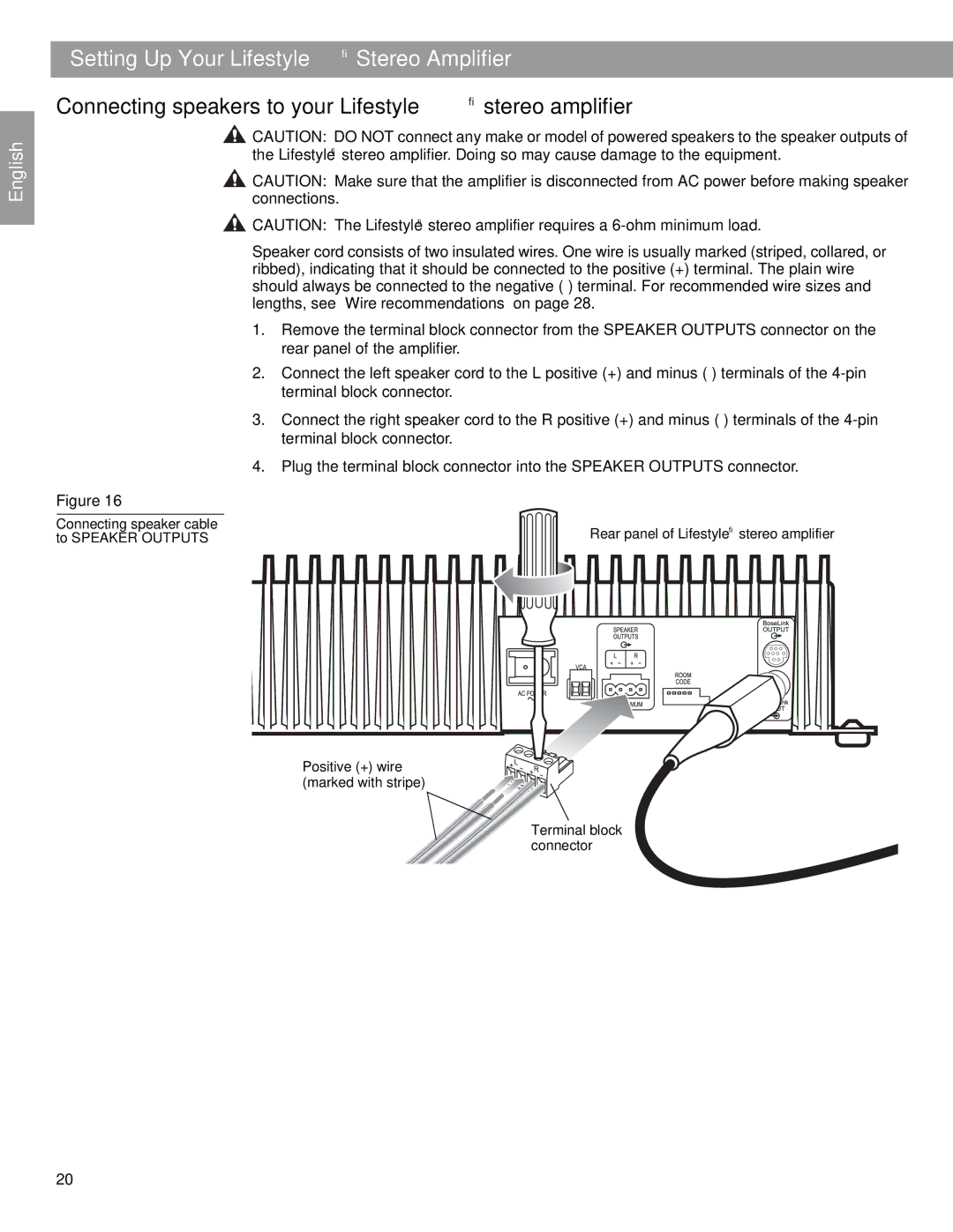 Bose BOSESA3 manual Connecting speakers to your Lifestyle stereo amplifier 