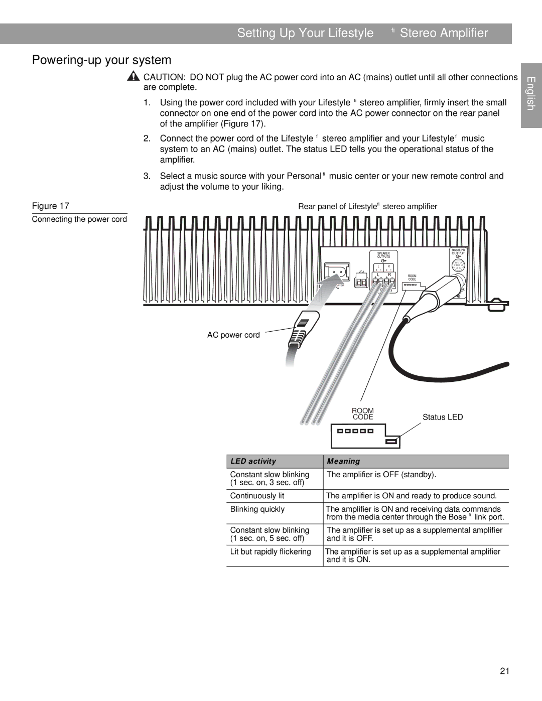 Bose BOSESA3 manual Powering-up your system, LED activity Meaning 