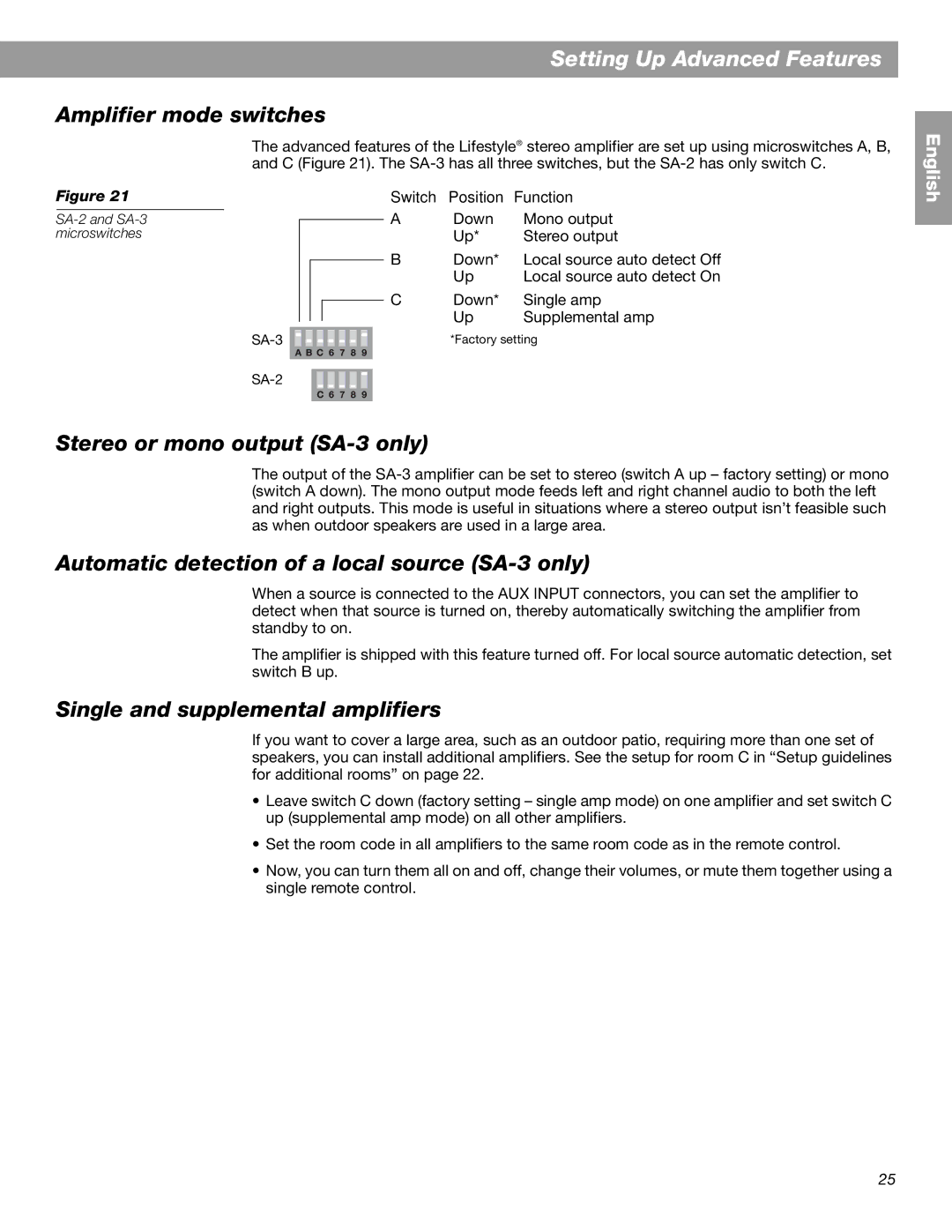 Bose BOSESA3 manual Setting Up Advanced Features, Amplifier mode switches, Stereo or mono output SA-3 only 