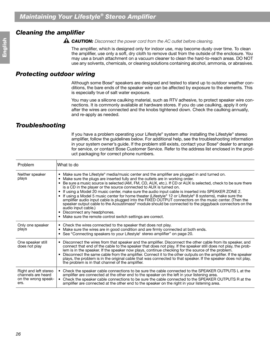Bose BOSESA3 manual Maintaining Your Lifestyle Stereo Amplifier, Cleaning the amplifier, Protecting outdoor wiring 