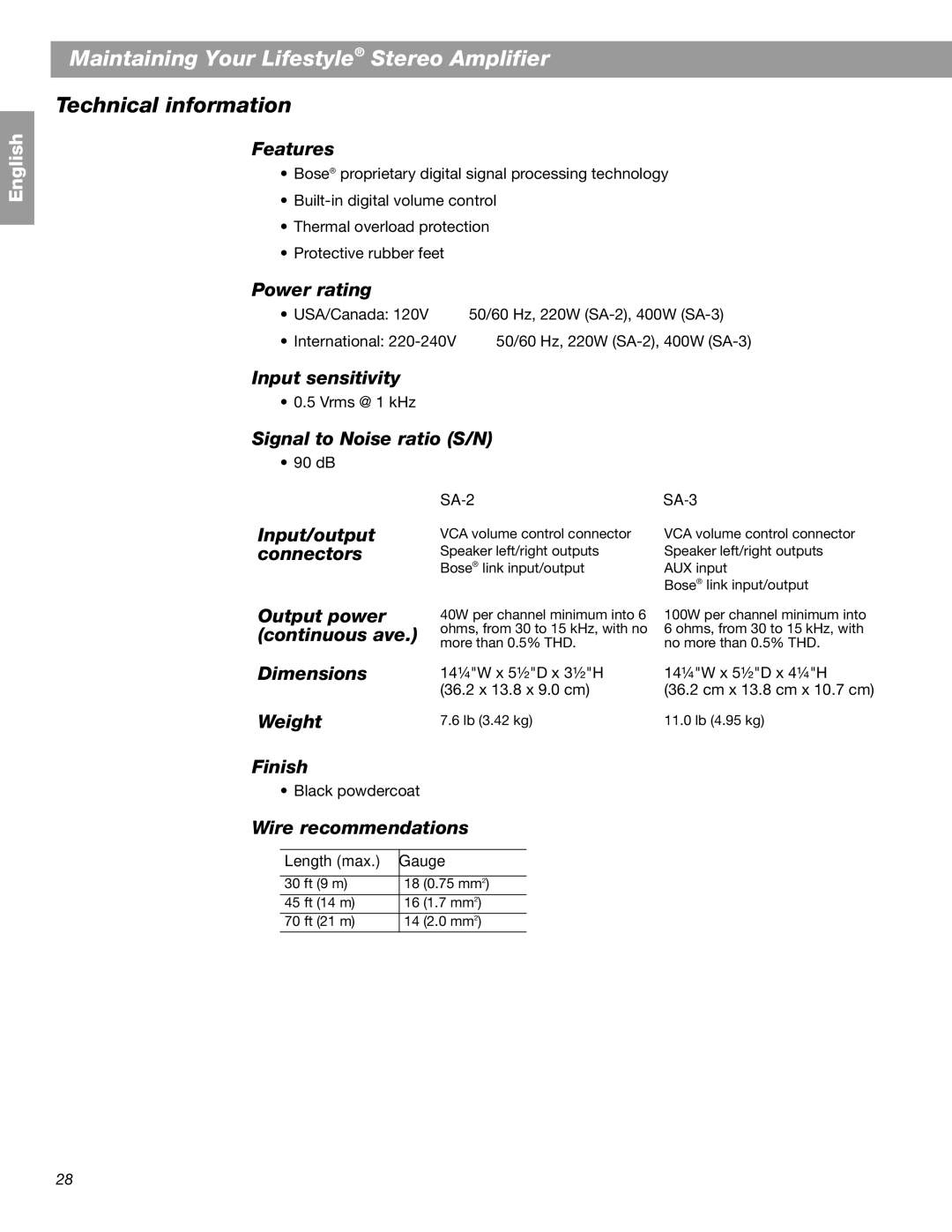 Bose BOSESA3 manual Technical information 