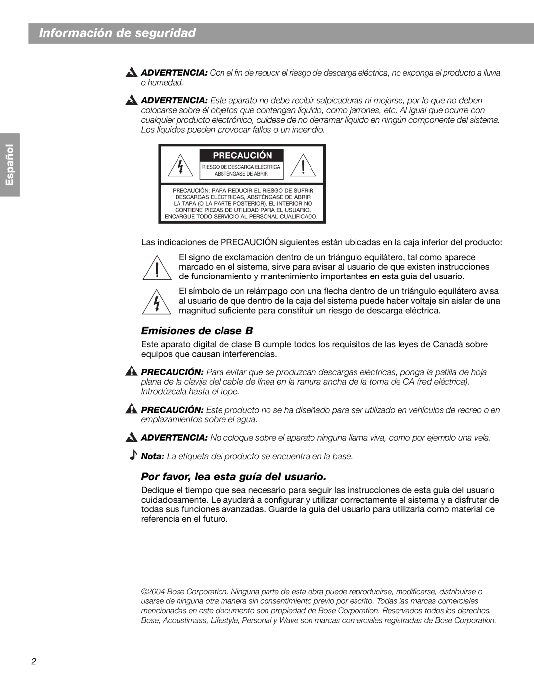 Bose BOSESA3 manual Información de seguridad, Emisiones de clase B, Por favor, lea esta guía del usuario 