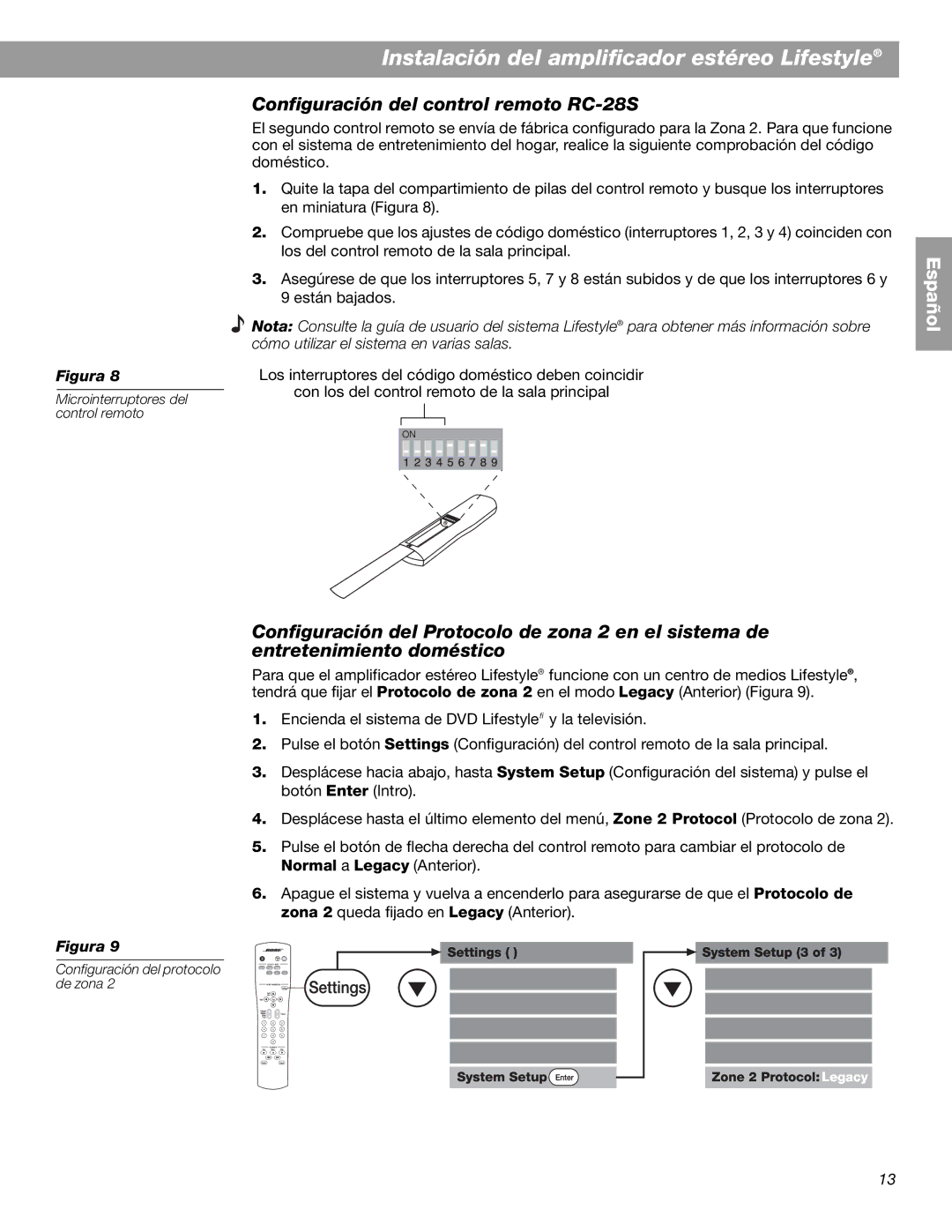 Bose BOSESA3 manual Configuración del control remoto RC-28S 