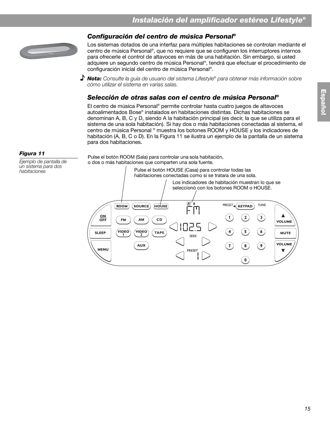 Bose BOSESA3 manual Configuración del centro de música Personal, Selección de otras salas con el centro de música Personal 