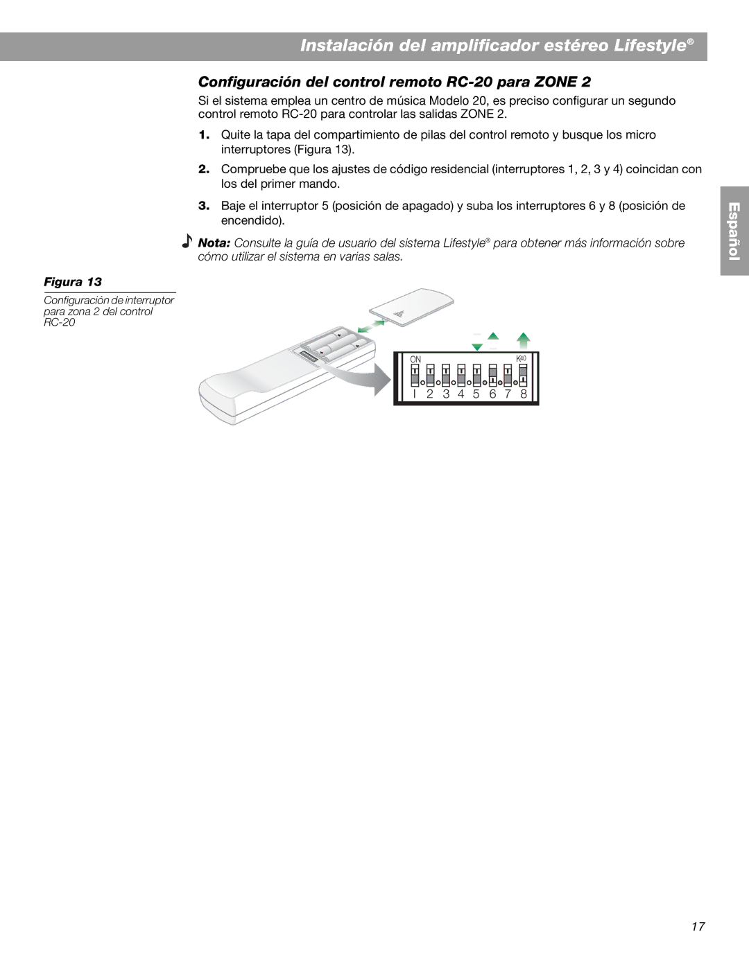 Bose BOSESA3 manual Configuración del control remoto RC-20 para Zone 