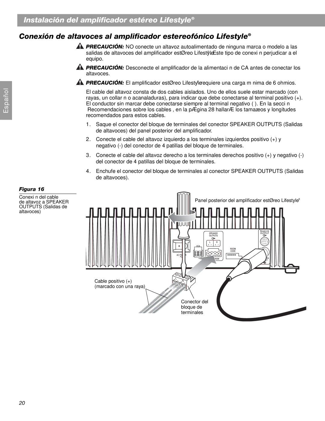 Bose BOSESA3 manual Conexión del cable 