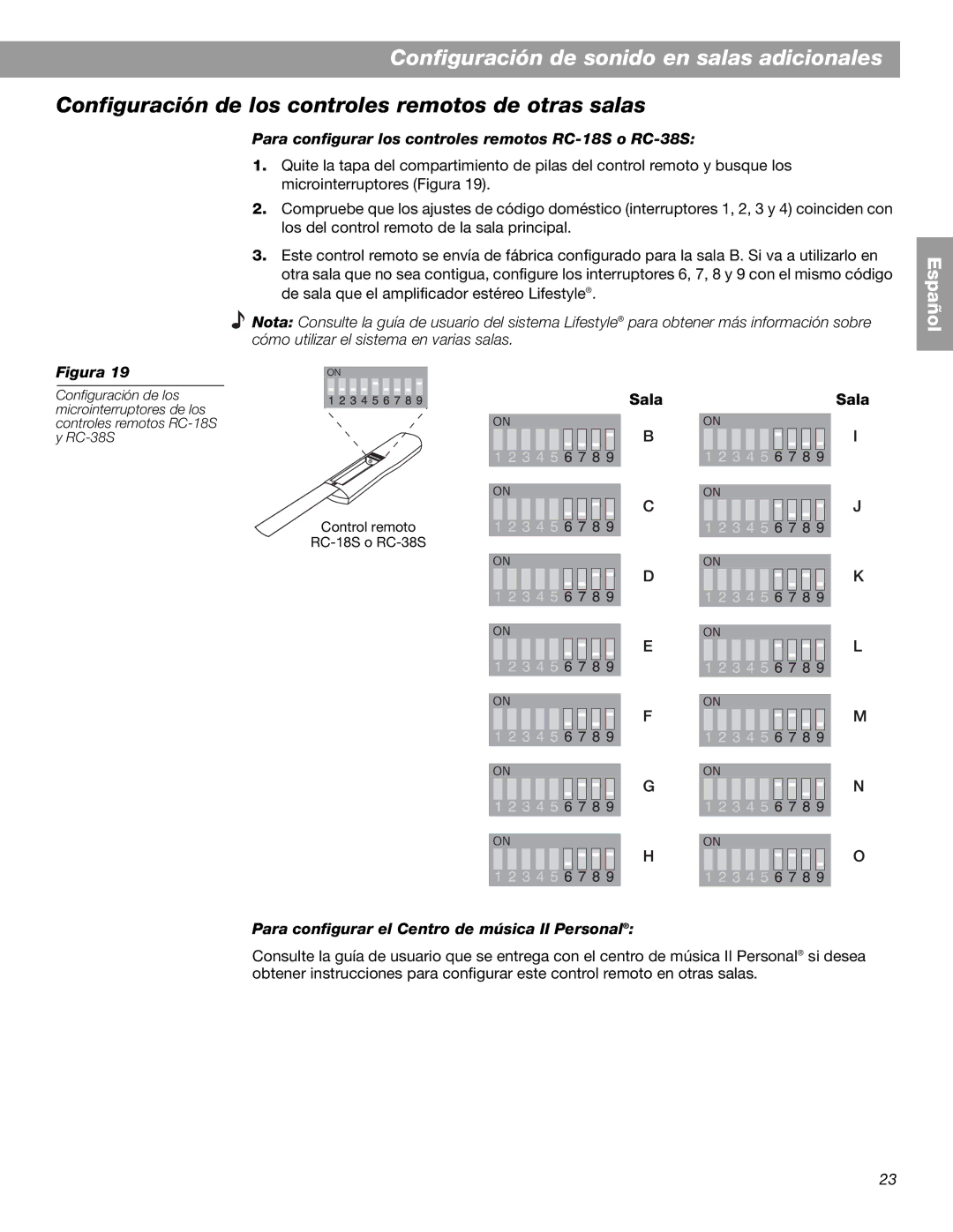 Bose BOSESA3 Configuración de los controles remotos de otras salas, Para configurar los controles remotos RC-18S o RC-38S 