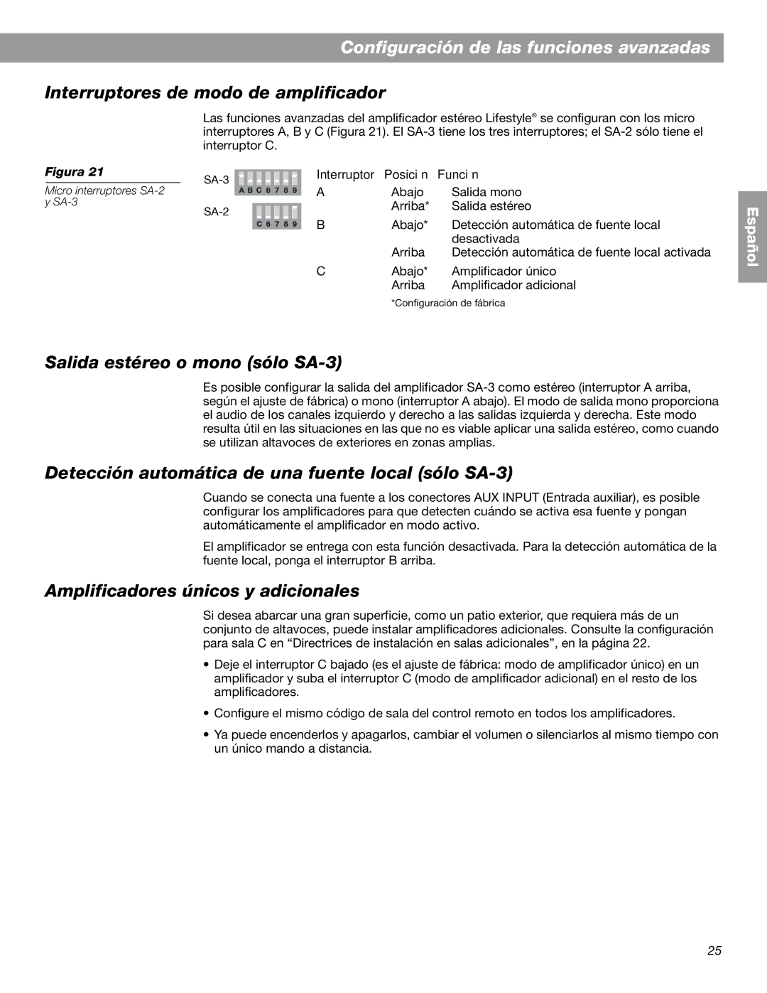 Bose BOSESA3 manual Configuración de las funciones avanzadas, Interruptores de modo de amplificador 