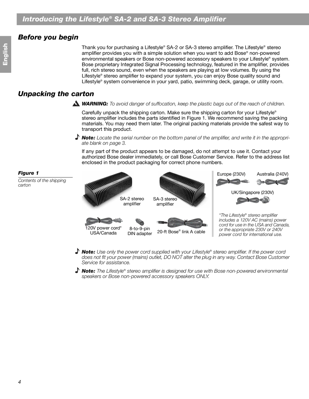 Bose BOSESA3 manual Introducing the Lifestyle SA-2 and SA-3 Stereo Amplifier, Before you begin, Unpacking the carton 