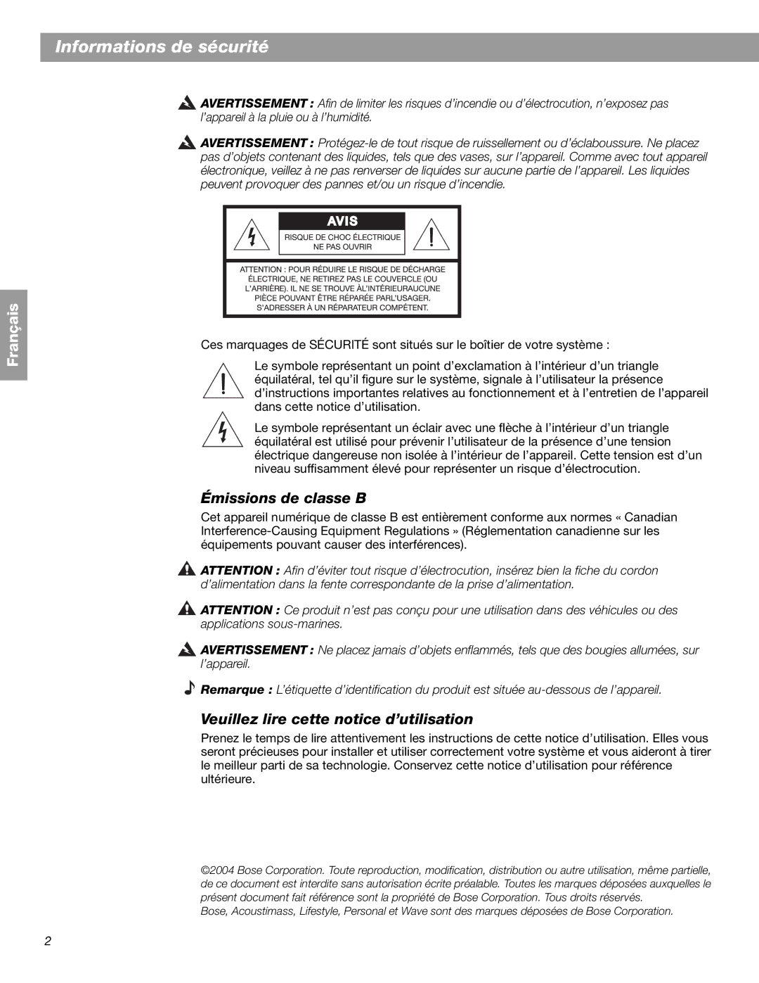 Bose BOSESA3 manual Informations de sécurité, Émissions de classe B, Veuillez lire cette notice d’utilisation 