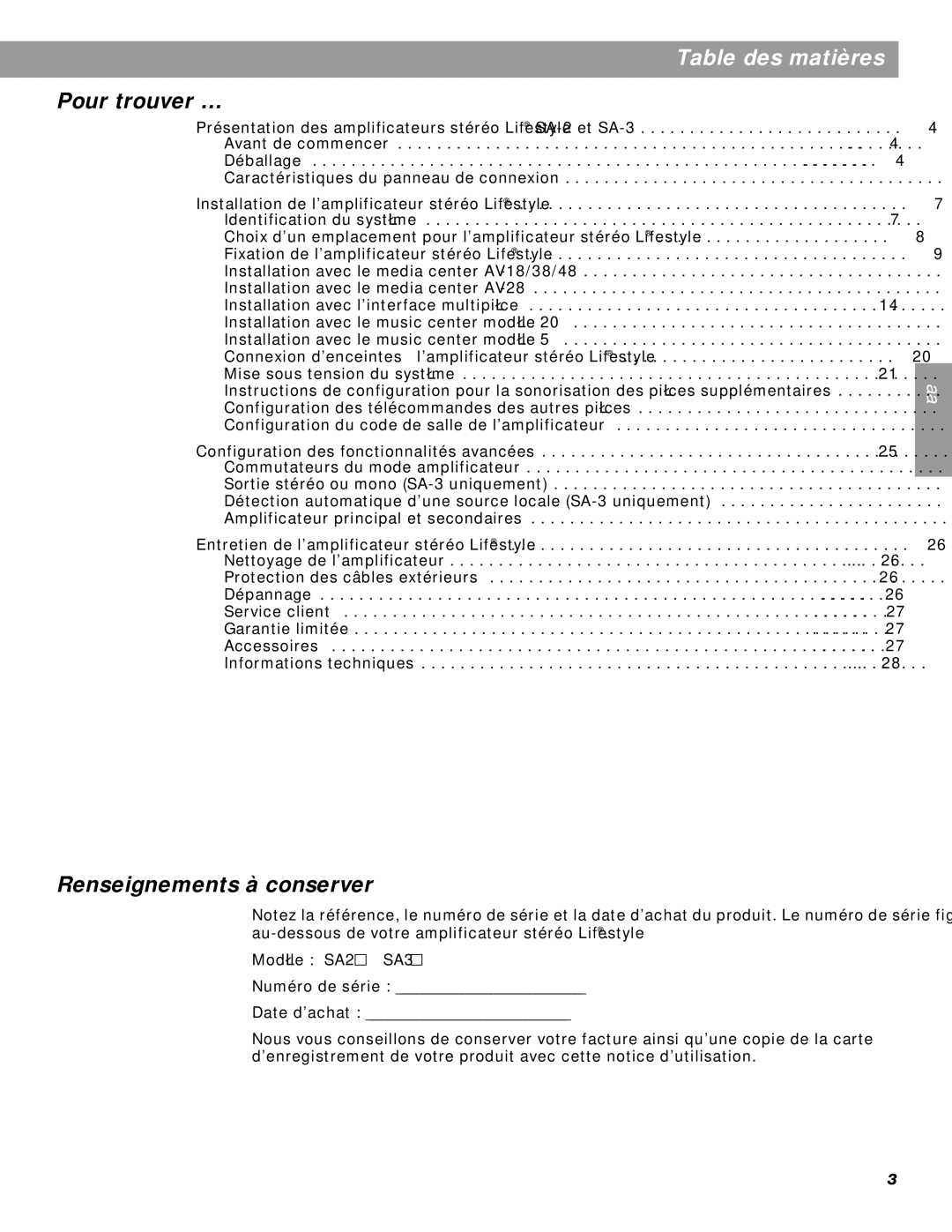 Bose BOSESA3 manual Table des matières, Pour trouver …, Renseignements à conserver 